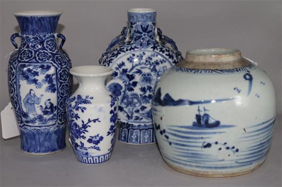 A 19C Chinese blue and white ginger jar (a.f), a moon flask and two baluster vases (one with four-character mark)